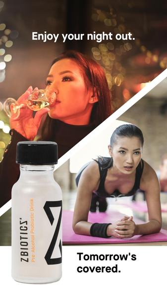 A split-screen creative showing a social evening with a drink and a following morning workout to illustrate the product's benefits.